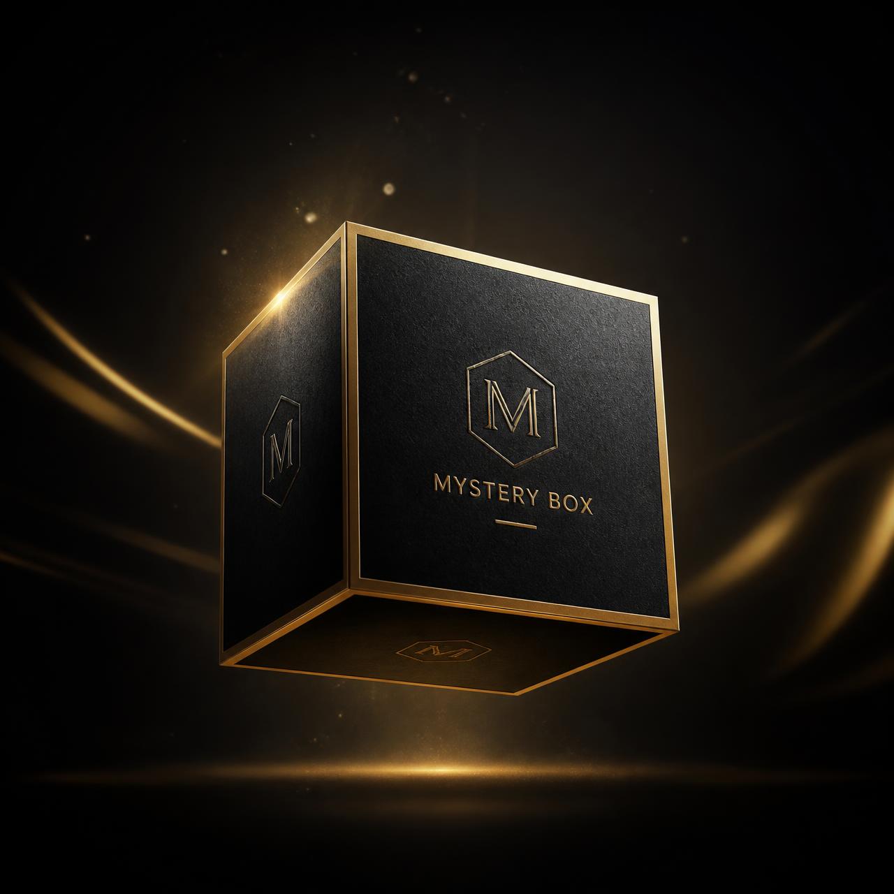 Black and gold Mistri Box mystery box floating in dark studio light